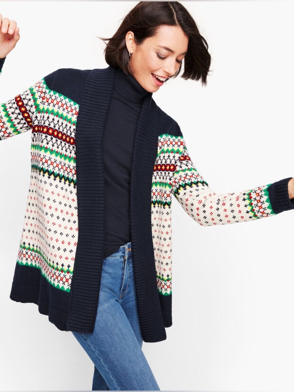 Talbots Small P Women’s Open-Front Fair Isle Cardigan Sweater - Navy & Multi